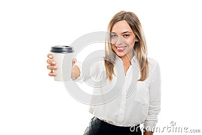 Portrait of beautiful business woman handing cup of coffee Stock Photo