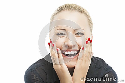 Portrait of Beautiful Caucasian Woman Smiling with Open Mouth wi Stock Photo