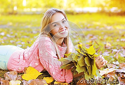 Portrait beautiful charming smiling girl in autumn Stock Photo