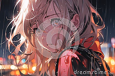 portrait of a beautiful crying young woman with blond hair in the rain in the city in anime style Stock Photo