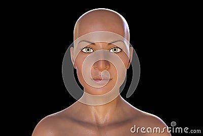 Portrait of a beautiful dark-skinned woman without hairs with serious face expression looking at camera, 3D illustration Cartoon Illustration