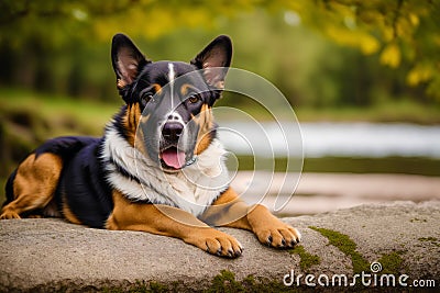 Portrait of a beautiful dog lying on the stone by the lake. Generative AI Stock Photo