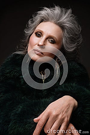 Portrait of a beautiful elderly woman in a leopard blouse and fur coat with classic makeup and gray hair. Stock Photo