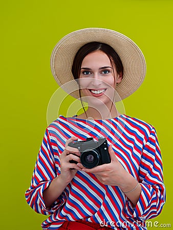 Portrait of beautiful female photographer close up Stock Photo