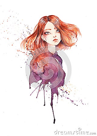 Portrait of beautiful ginger girl with a melancholic dreamy look Cartoon Illustration