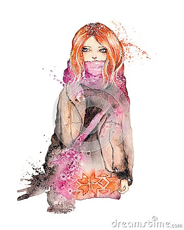 Portrait of beautiful ginger girl in winter Cartoon Illustration