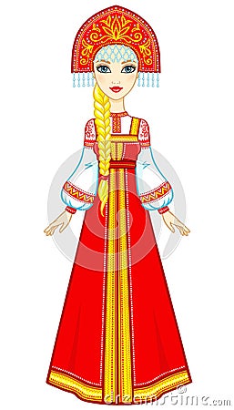 Portrait of a beautiful girl in an ancient Russian dress. Sundress, kokoshnik. Vector Illustration