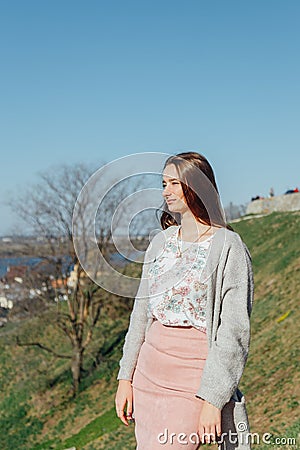 Portrait of a beautiful girl with flying hair in the wind Stock Photo