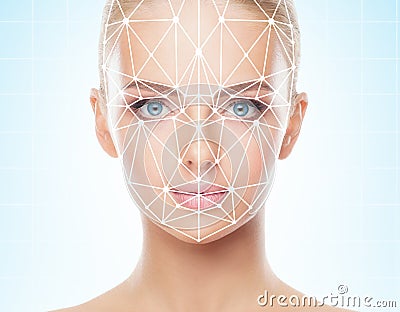 Portrait of beautiful girl with a scnanning grid on her face. Woman with face id scanner. Biometric verification Stock Photo