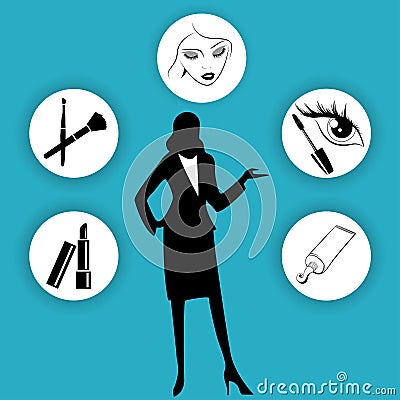 Portrait of beautiful girl and set of cosmetic products Vector Illustration