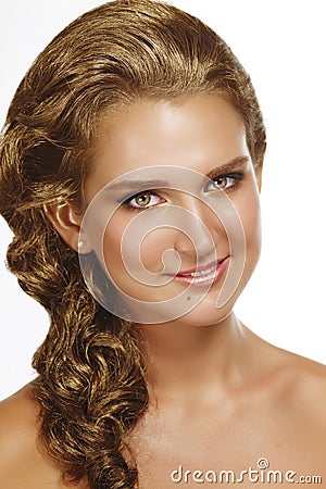 Portrait of beautiful golden hair woman on white background. Stock Photo
