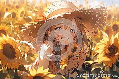 portrait of a beautiful happy smiling anime girl with blond hair in a straw hat on a field of sunflowers Stock Photo