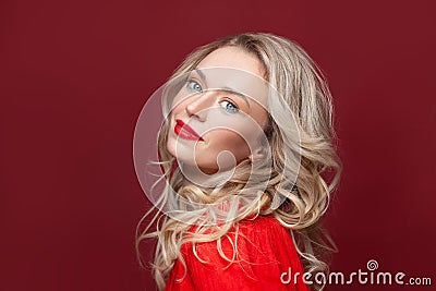 Portrait of beautiful happy woman with blonde hair and makeup. Beautiful blonde lady with bright red lipstick on her lips Stock Photo