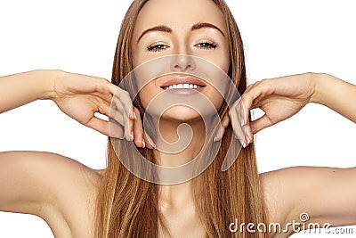 Portrait Beautiful Happy Woman. She demonstrate her Beauty Face and Smile. Fashion Natural Make-up. Smiling Model Stock Photo