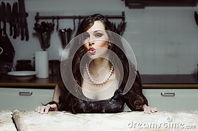 Portrait of beautiful hostess with opened mouth Stock Photo