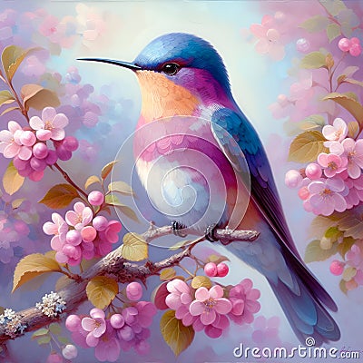 A portrait of a beautiful humingbird, perches on a branch of a spring tree, with flower, in a painting art Stock Photo