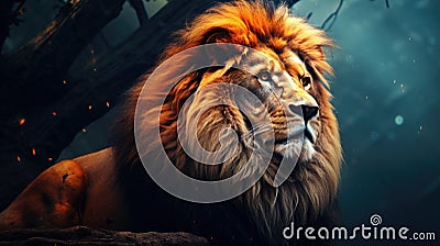 Portrait of a Beautiful lion, lion in dark Stock Photo