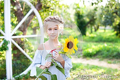 Portrait of beautiful little girl with pigtail on her head holds sunflower. Childhood concept. Teenager girl with sunflower in gar Stock Photo