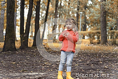 Portrait of a beautiful little girl 4 years old in a red sweater in autumn Stock Photo