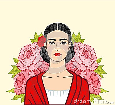 Portrait of the beautiful Mexican girl in ancient clothes, a background - the stylized roses. Vector Illustration