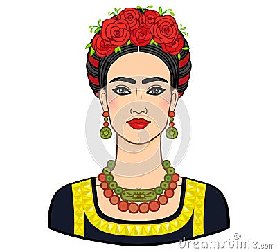 Portrait of the beautiful Mexican woman in ancient clothes. Boho chic, ethnic, vintage. Vector Illustration