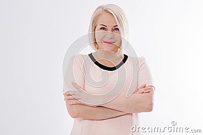 Portrait of beautiful middle age woman over white, smile friendly middle-aged woman isolated on white background Stock Photo