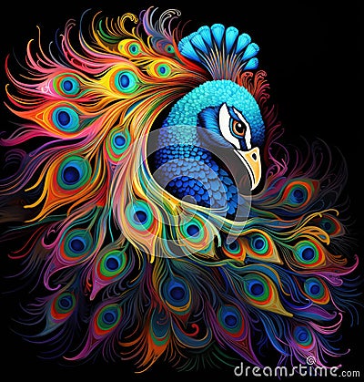 Portrait of a beautiful peacock with loose feathers in the form of colourful patterns in decorative art style Stock Photo