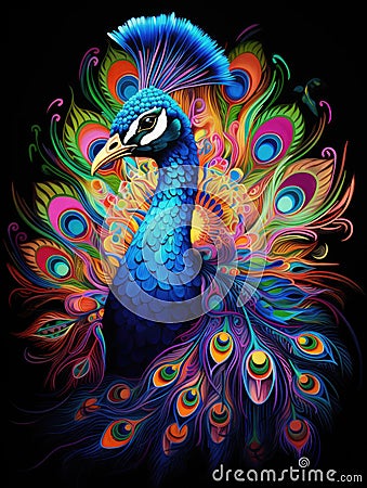Portrait of a beautiful peacock with loose feathers in the form of colourful patterns in decorative art style Stock Photo