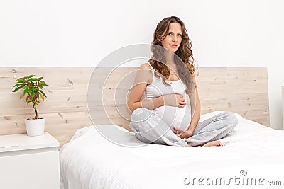 Portrait of a beautiful pregnant long haired woman sitting on the sofa, smiling and looking at camera. Stock Photo