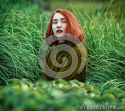 Portrait of beautiful redhaired girl in tall grass in a warm sw Stock Photo