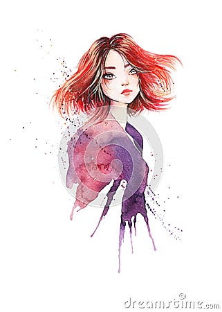 Portrait of beautiful redhead girl with a melancholic dreamy look Cartoon Illustration