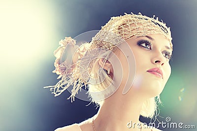 Portrait of beautiful retro-style woman in bonnet Stock Photo