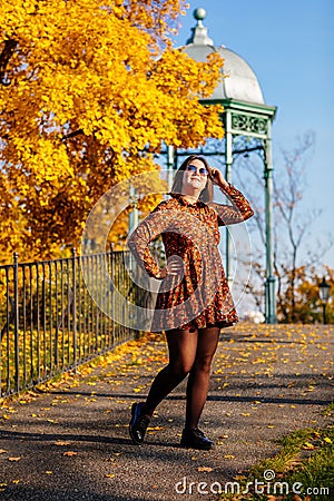 Portrait of beautiful romantic young woman in park with wrought iron gazebo, autumn in Prague, yellow golden leaves, cute stylish Stock Photo