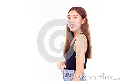 Portrait beautiful slim woman expressing astonishment and amazement, stretch jeans and happy of weight lost, standing over Stock Photo