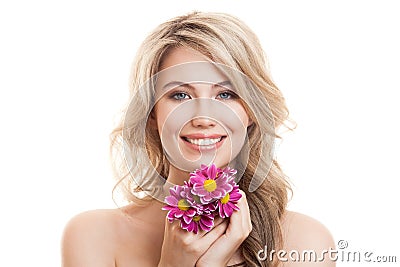 Portrait Of Beautiful Smiling Woman With Flowers. Clear Skin. Stock Photo