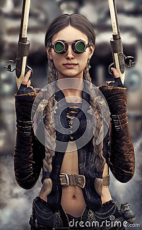 Portrait of a beautiful steampunk woman gunslinger holding two pistols . Stock Photo