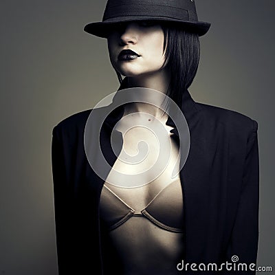 Portrait of beautiful stylish woman in hat Stock Photo