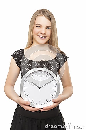 Portrait of Beautiful Teenage Girl With Big Clock Stock Photo