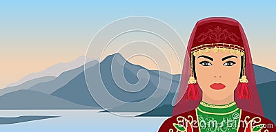 Portrait of a beautiful turkish woman in a national costume on the background of a mountain landscape.Vector illustration Vector Illustration