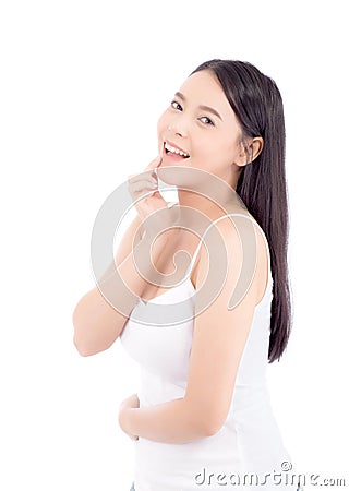 Portrait of beautiful woman asian makeup of cosmetic, girl hand touch lips and mouth and smile attractive Stock Photo