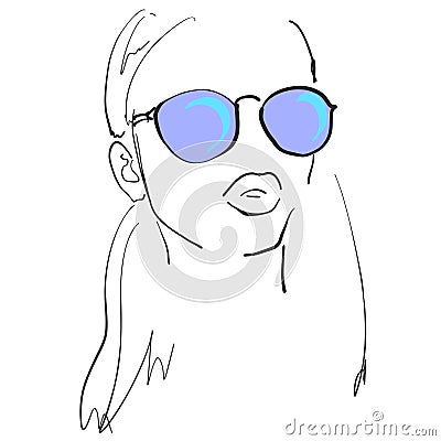 Portrait of beautiful woman in blue sunglasses. Long hair. Vector version. Half turn view. Vector Illustration