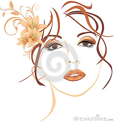 Portrait of beautiful woman with lilies in hair Vector Illustration