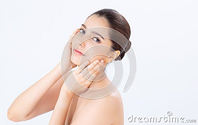 Portrait of beautiful woman makeup of cosmetic, girl hand touch cheek and smile attractive. Stock Photo