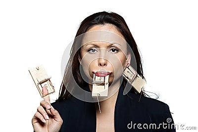 Portrait of beautiful woman with mouse traps Stock Photo