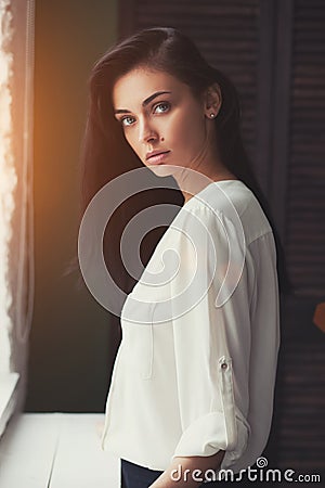 Portrait of a beautiful woman near window Stock Photo