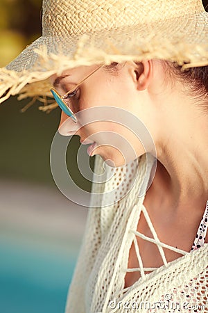 Portrait of beautiful woman relaxing in swimm Stock Photo