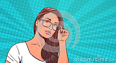 Portrait Of Beautiful Woman Wearing Glasses Over Retro Pop Art Background Attractive Female With Long Hair Vector Illustration
