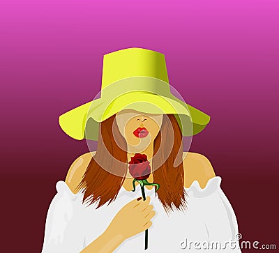 Portrait beautiful woman wearing a hat, wearing a white shirt In the hand holding a red rose Vector Illustration