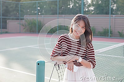 Portrait of beautiful young asian woman wearing white clothes sk Stock Photo