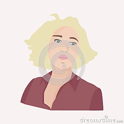 Portrait of a beautiful young girl. Blond curly hair, bright red lipstick.European young successful woman avatar. Vector Illustration